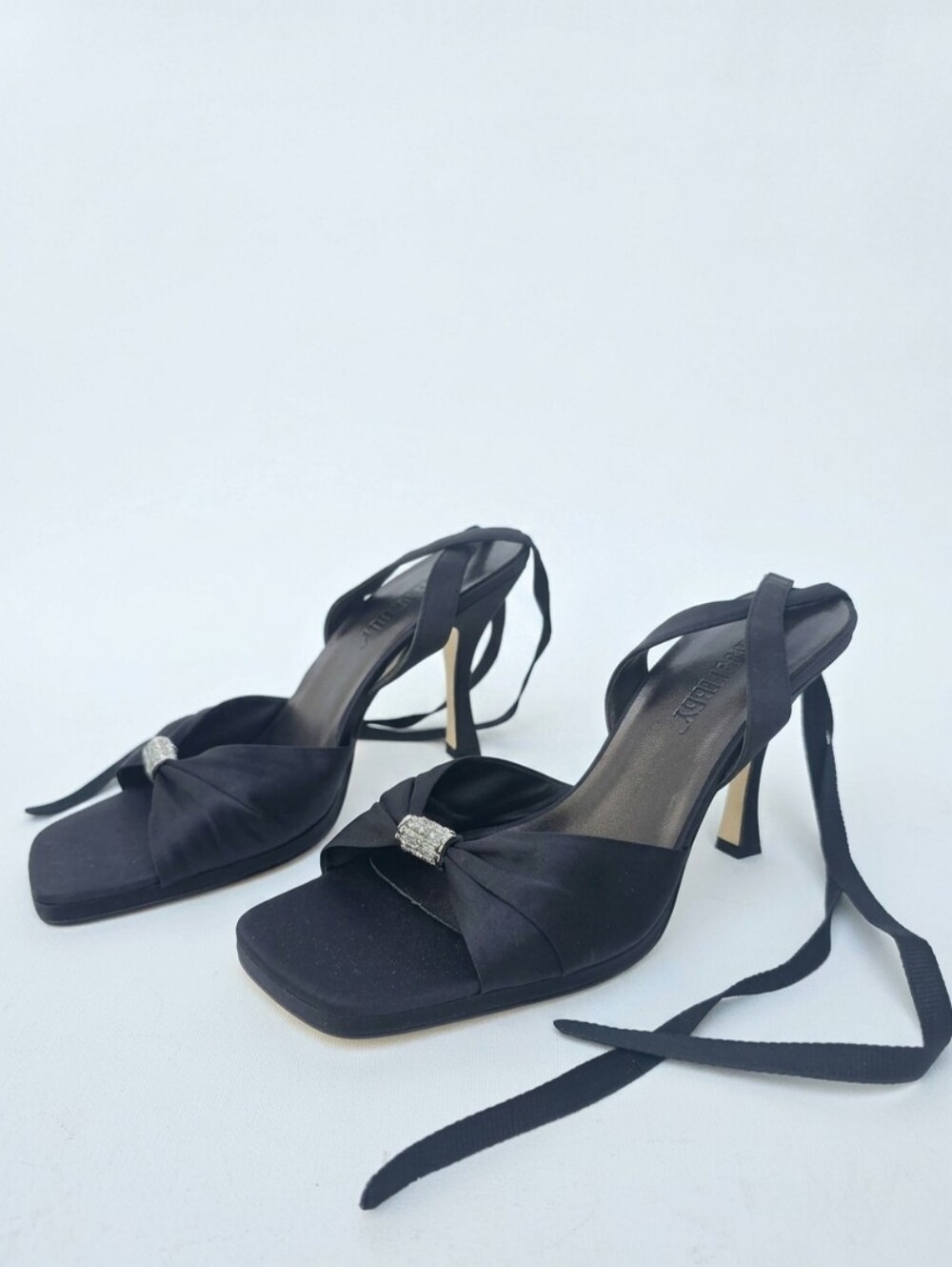 Sam & Libby Evening Black Satin Ankle Wrap Heels Sandals 9